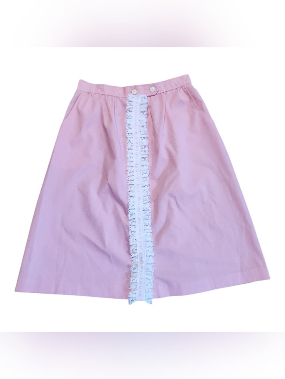 Pink & White Lace Knee Length Skirt Sze 28 Waist Vintage 70s 80s Prairie Cottage